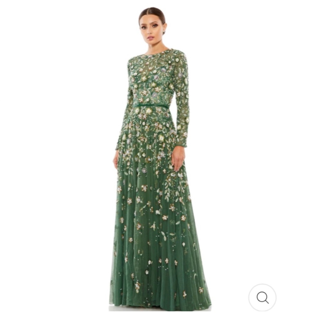 Mac Duggal Emerald Floral Long Sleeve Gown